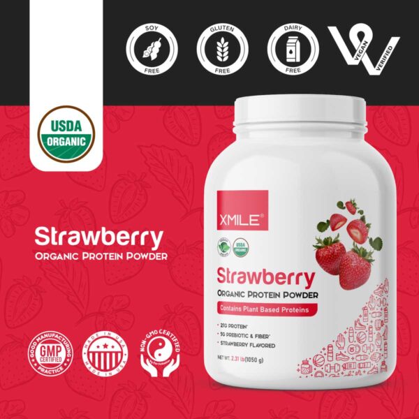 Organic Plant Based Protein Powder - Strawberry - Canister - Image 4